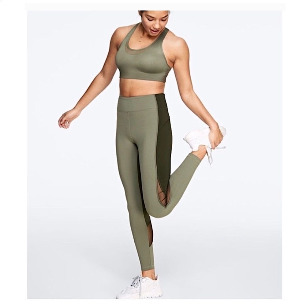 VICTORIA’S SECRET PINK Featherweight High Waist Olive Green Black Mesh Leggings